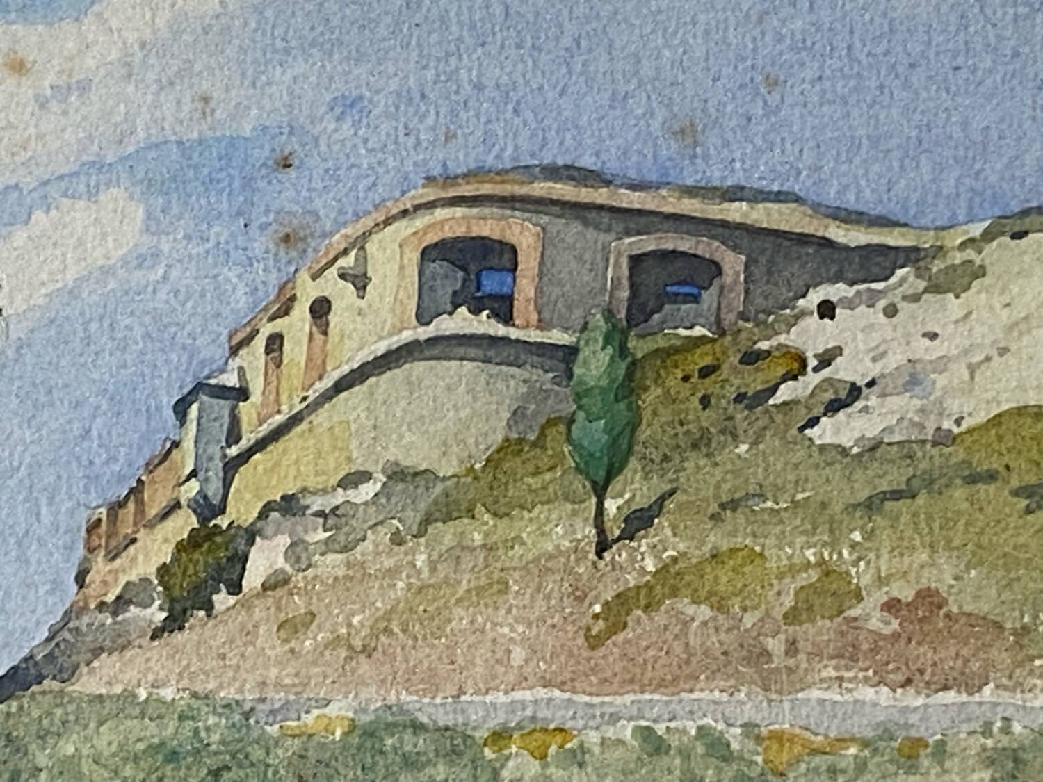 Watercolour landscape of Provence "the fort on the town", early 20th century.