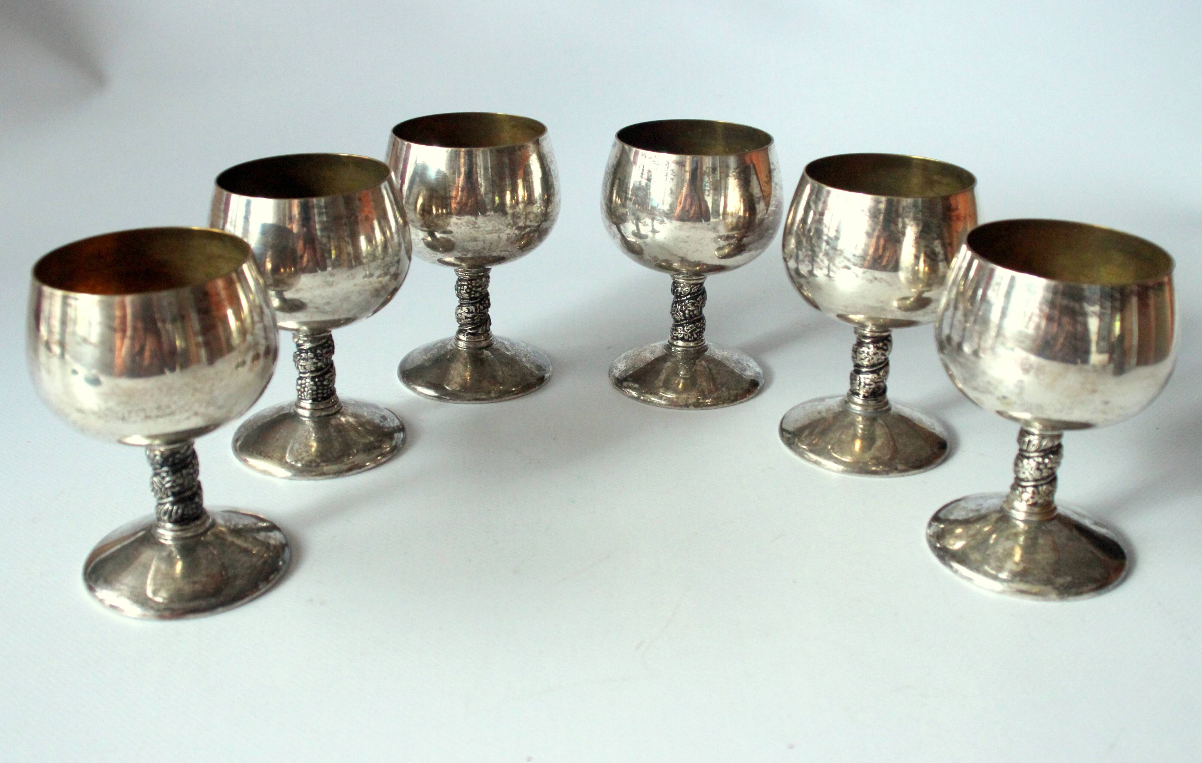 6 Art Deco wine or sherry glasses made of electro silver plated brass