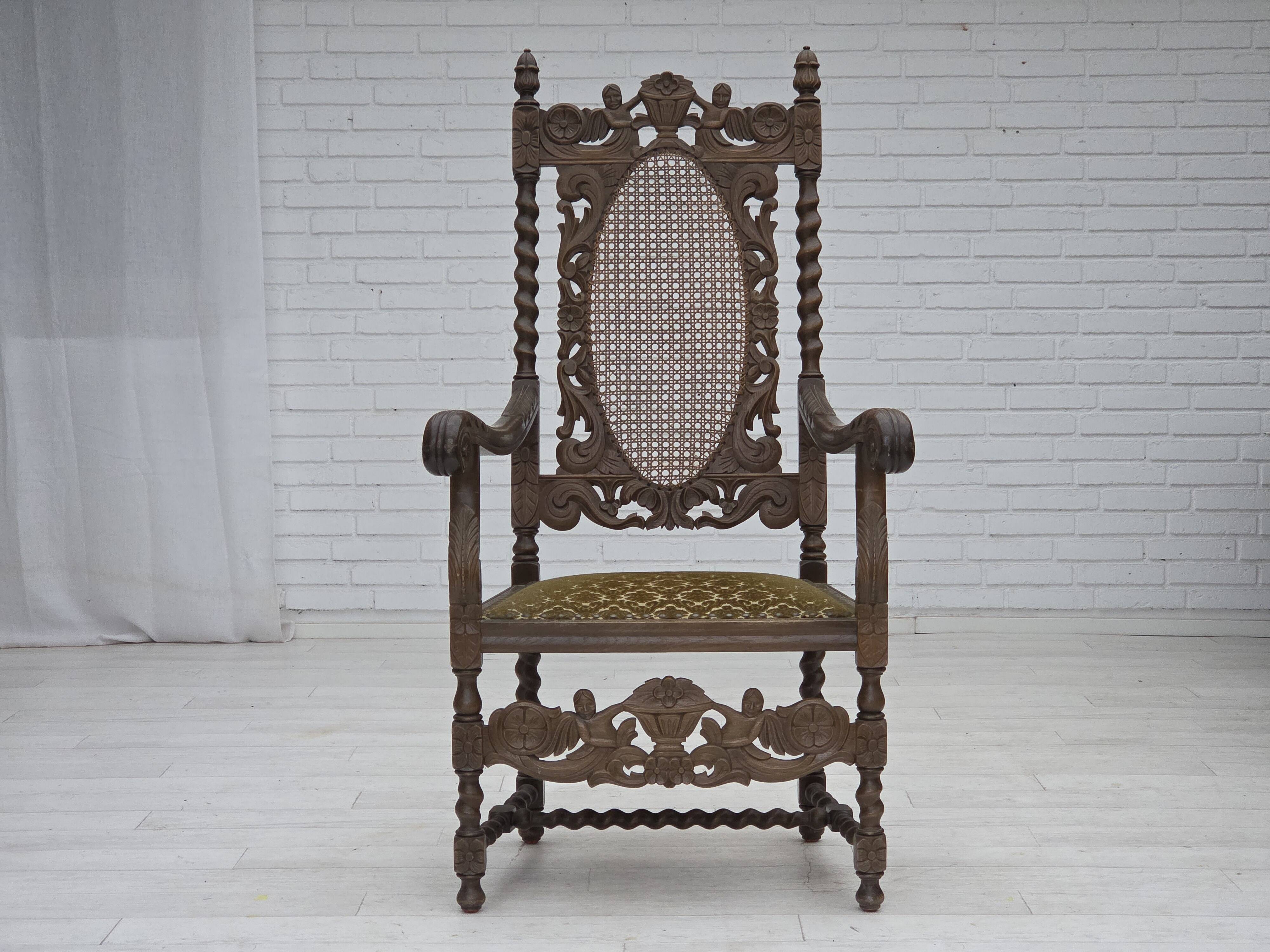 1930s, Danish highback armchair, furniture mesh, velour, carved oak wood.