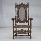 1930s, Danish highback armchair, furniture mesh, velour, carved oak wood.