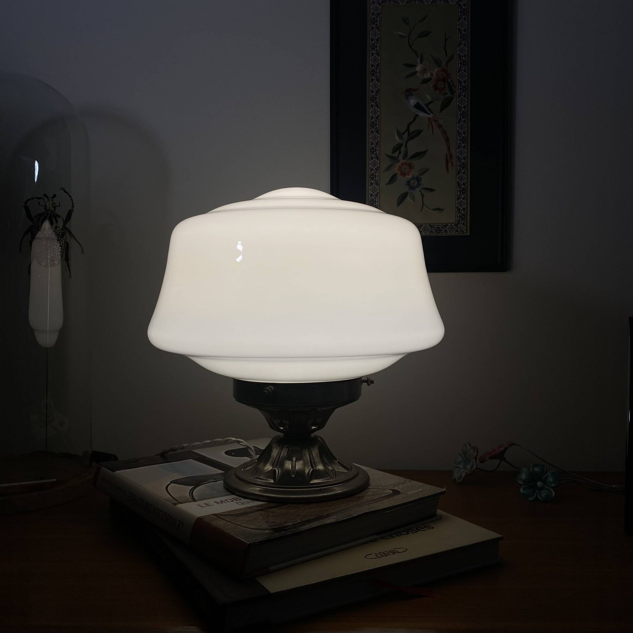 Large vintage globe lamp in white opaline glass and chrome brass.
