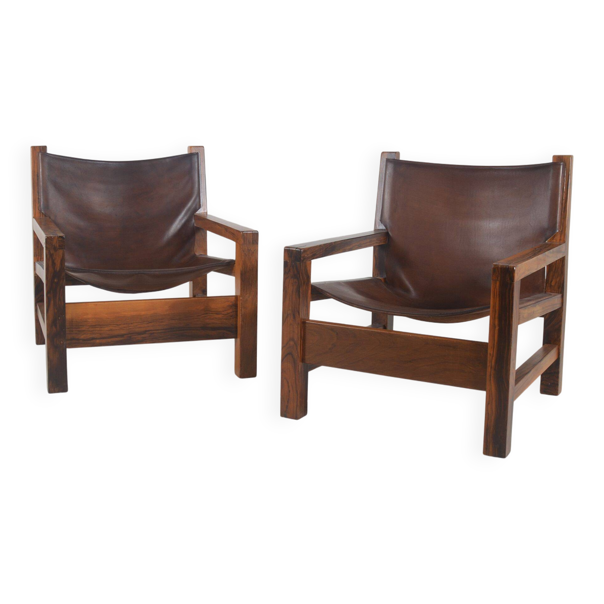 Set of French armchairs in olive wood with saddle leather, 1970s