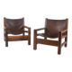 Set of French armchairs in olive wood with saddle leather, 1970s