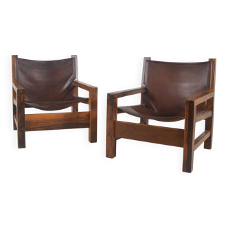 Set of French armchairs in olive wood with saddle leather, 1970s