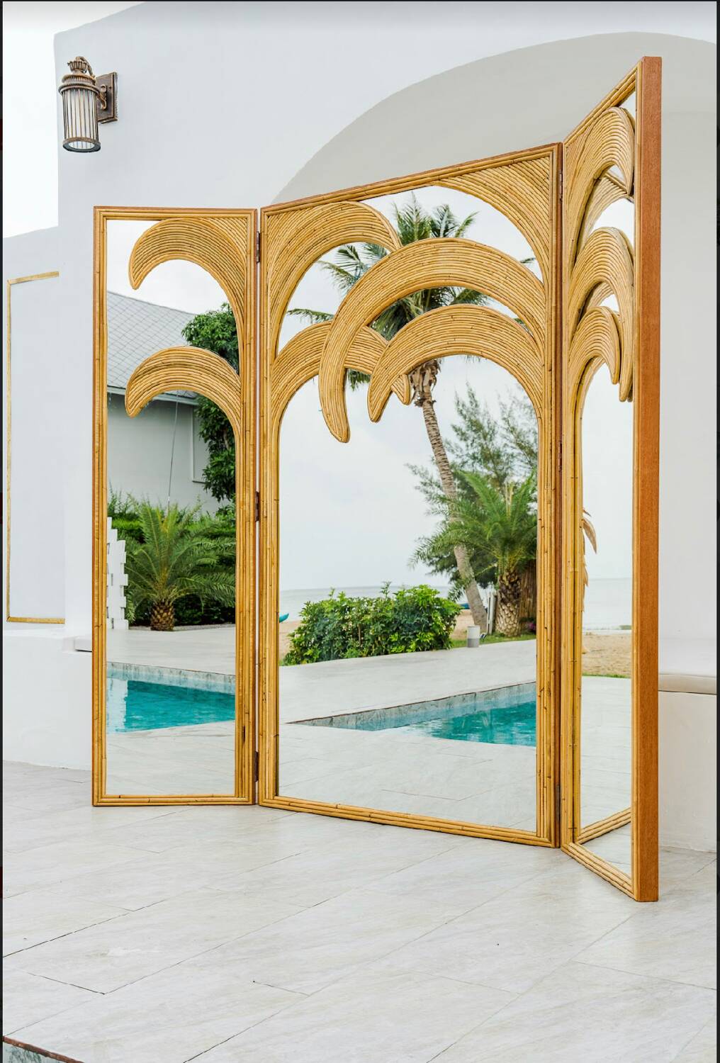 3-panel rattan and mirrored room divider