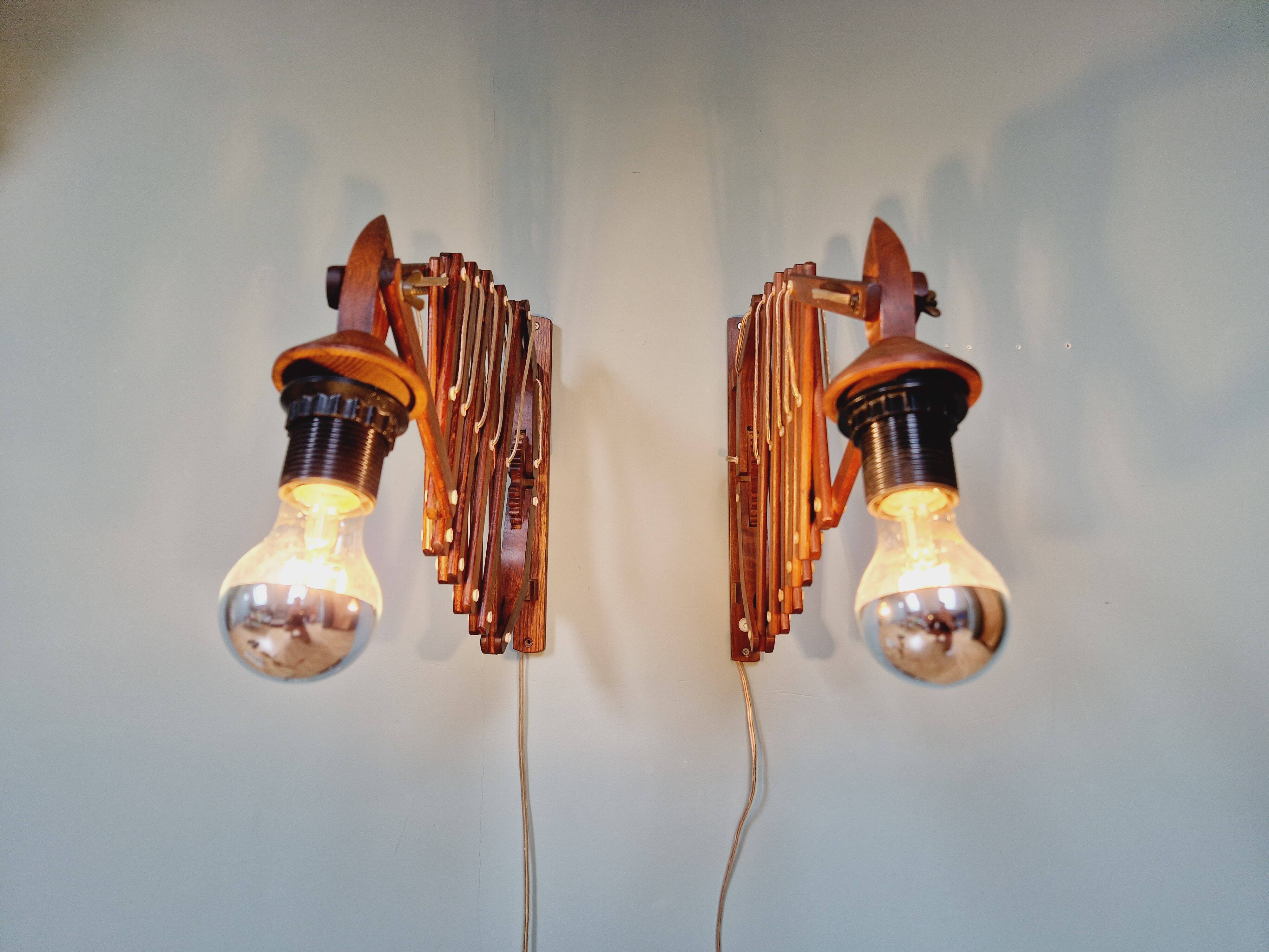 Pair of teak scissor wall lights, Scandinavian style, 1960s