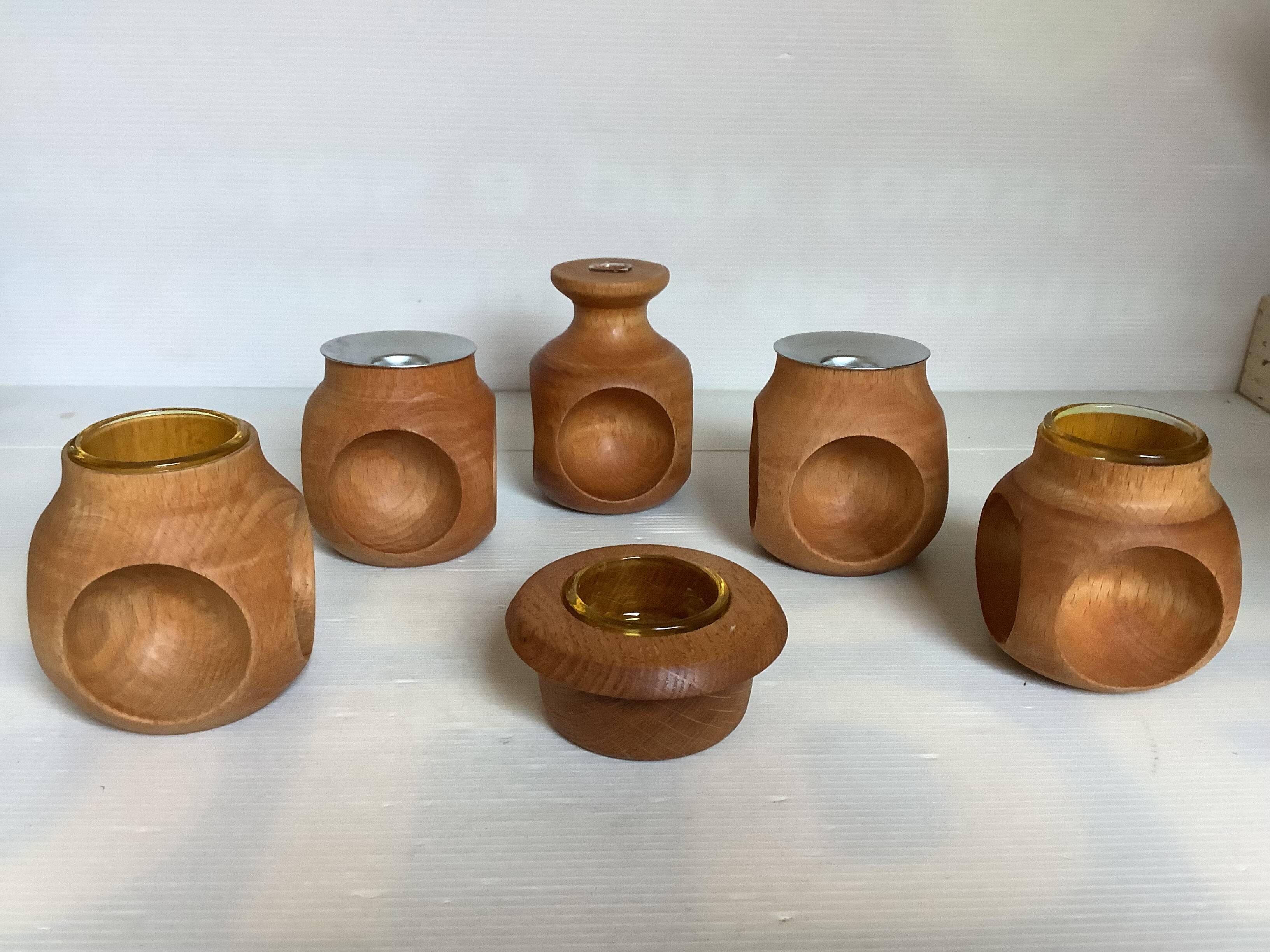 6 candle holders and a wooden vase Nopjes woodturning handmade