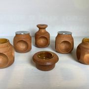 6 candle holders and a wooden vase Nopjes woodturning handmade