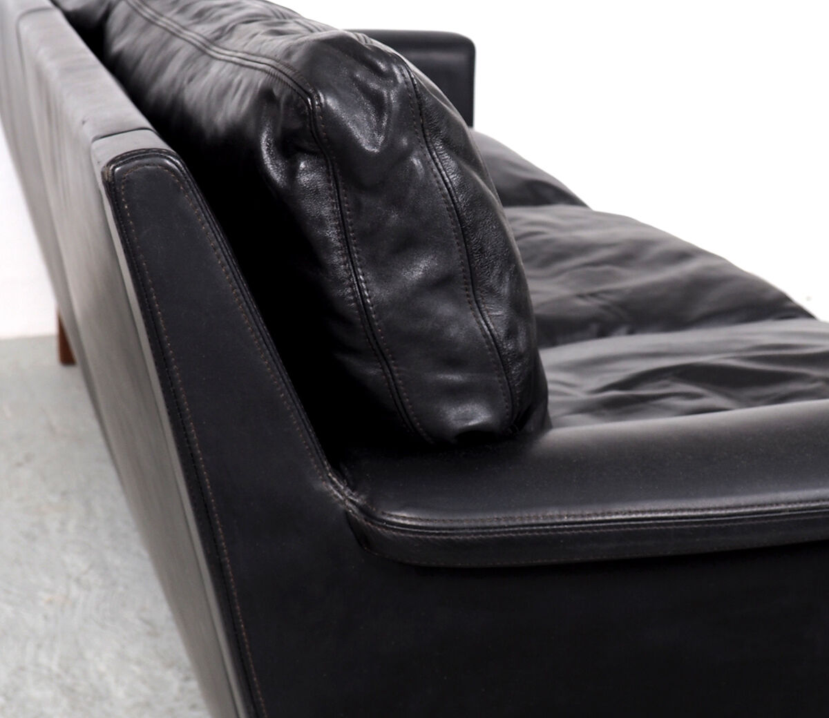 Danish design black leather and teak 3 seater sofa, 1960s