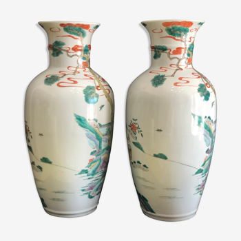 China pair of porcelain vases decorated polychrome dynasty Qing 19th century H 46.5 cm