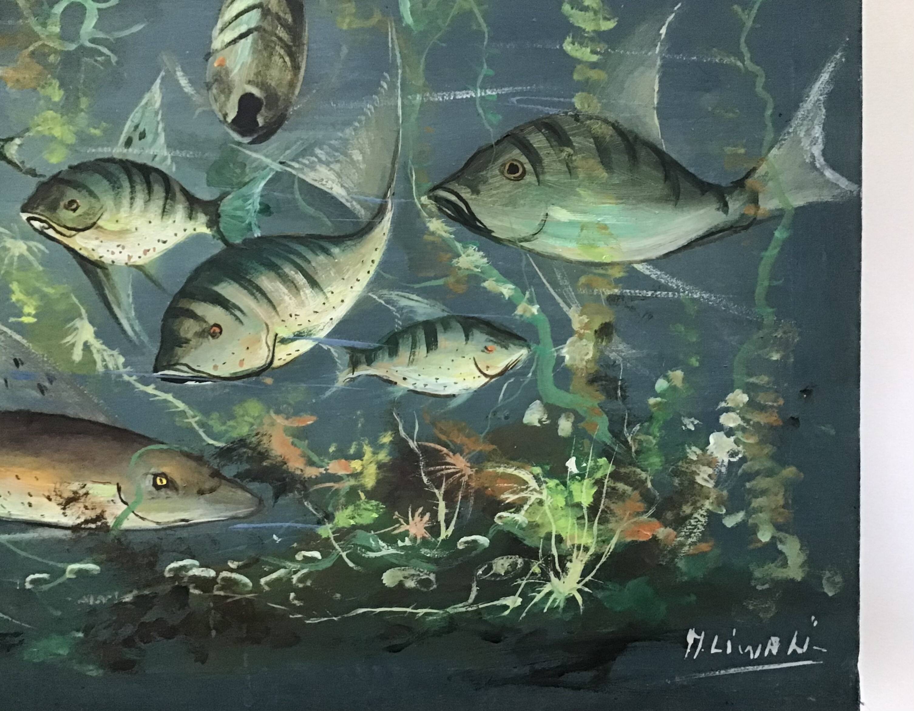 Congolese School Aquatic fauna Oil on canvas signed