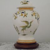 Table lamp with wooden base and fringed shade