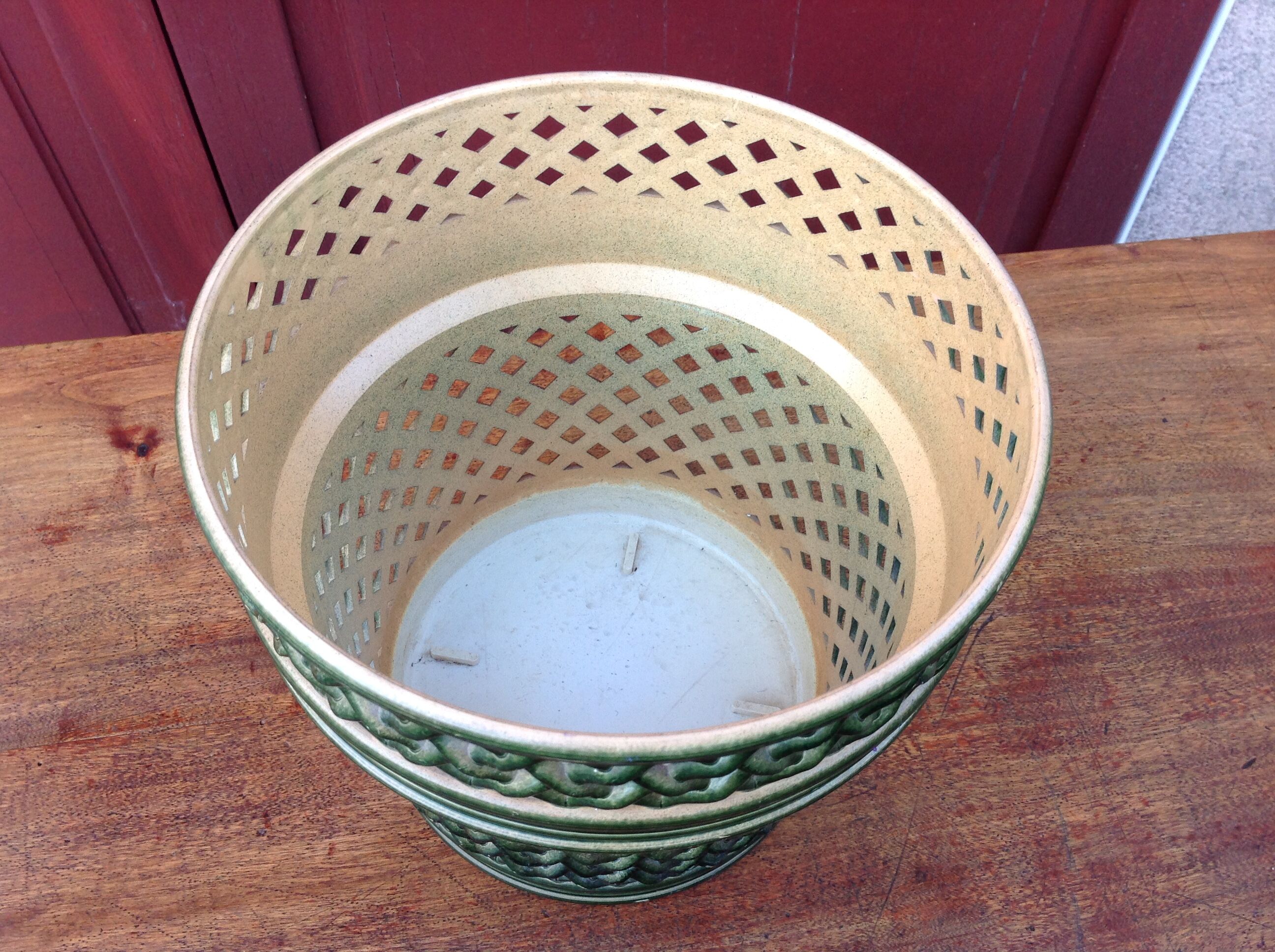 Cache pot green bottle imitation wicker braided / vintage 60s-70s