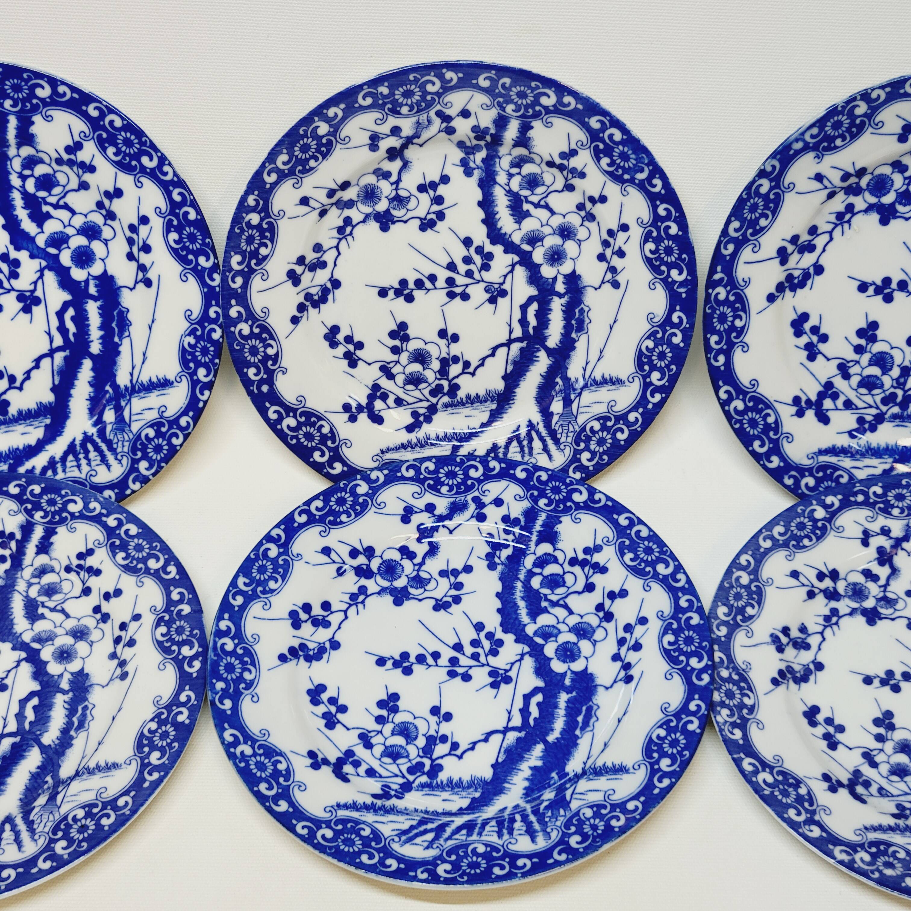 6 Small Dessert Plates in Fine Porcelain with Cherry Blue Decor