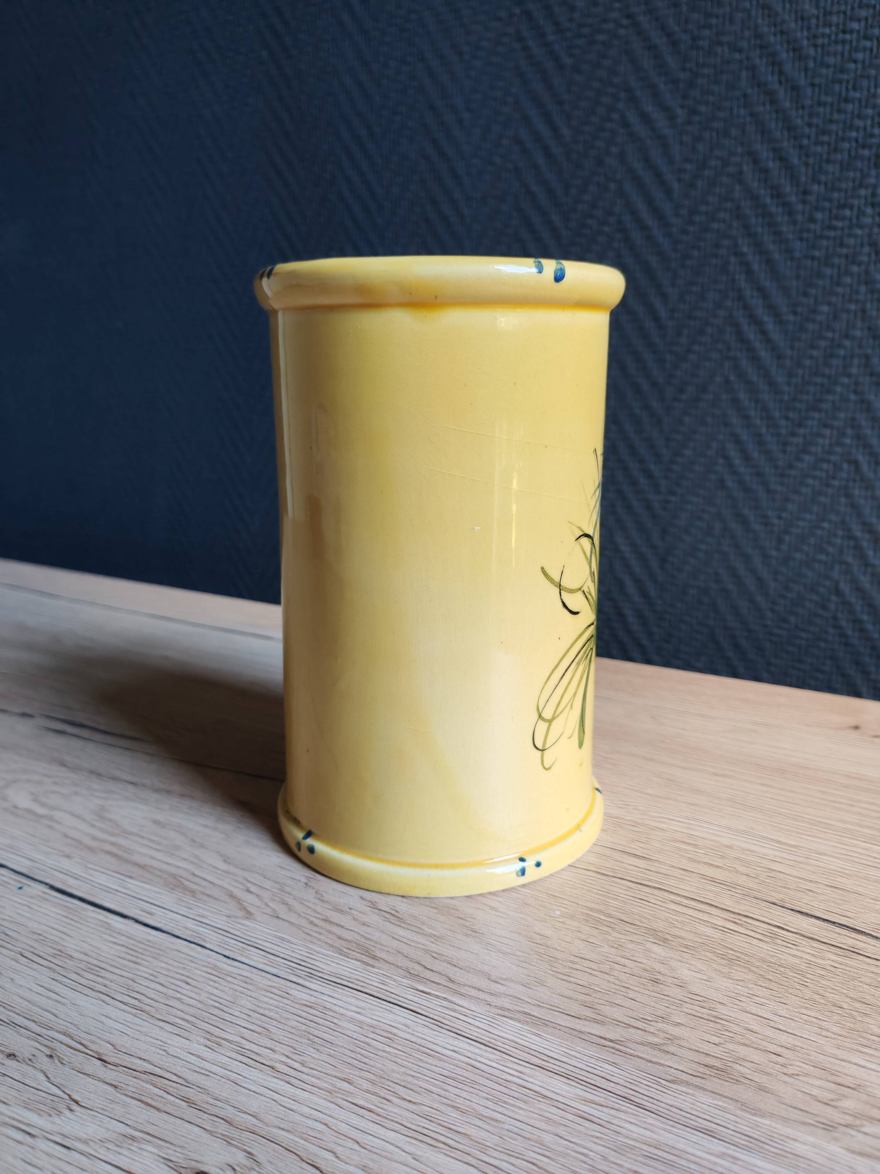Vintage 1960s Vallauris Yellow Ceramic Vase, Blue Peacock Feather Decor