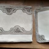 Old square tablecloth in bis mixed linen and 6 matching placemats