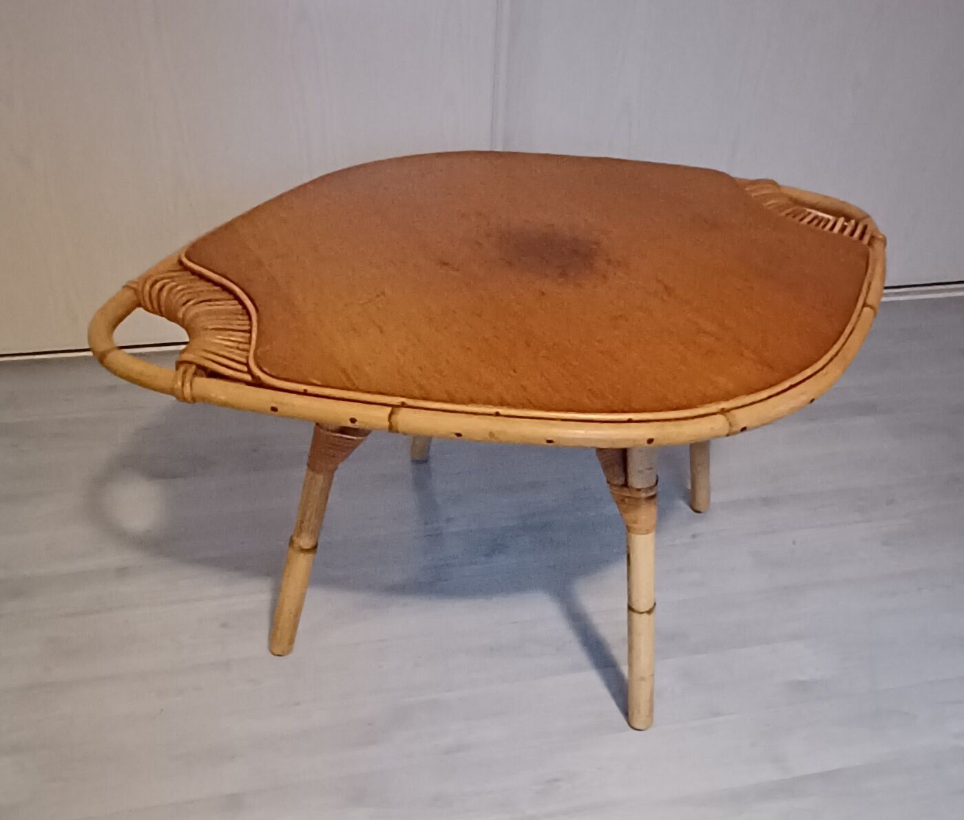 1960s rattan and wood coffee table