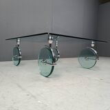 Vintage glass coffee table on wheels, 1980s - Italy
