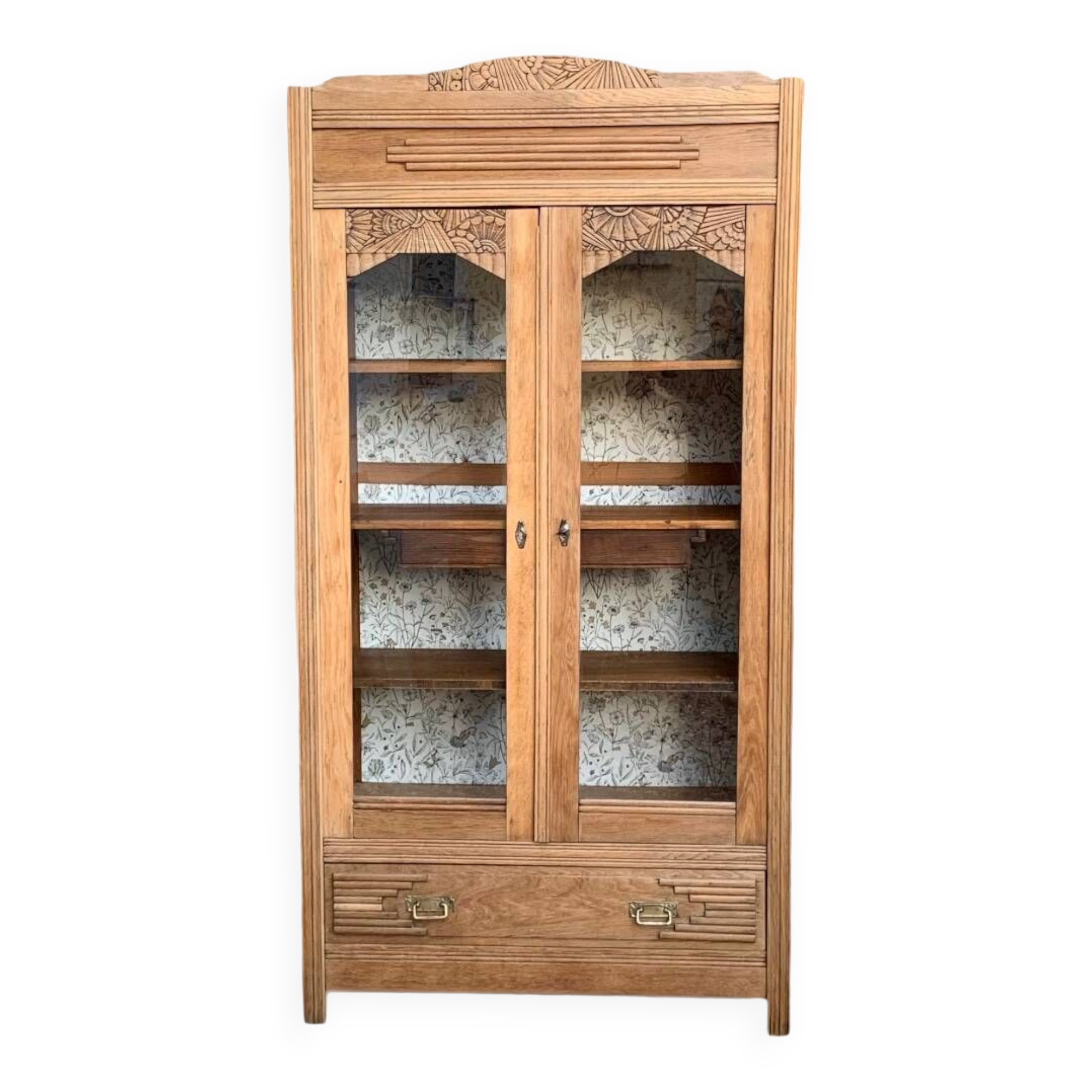 Parisian art deco glass cabinet in raw wood