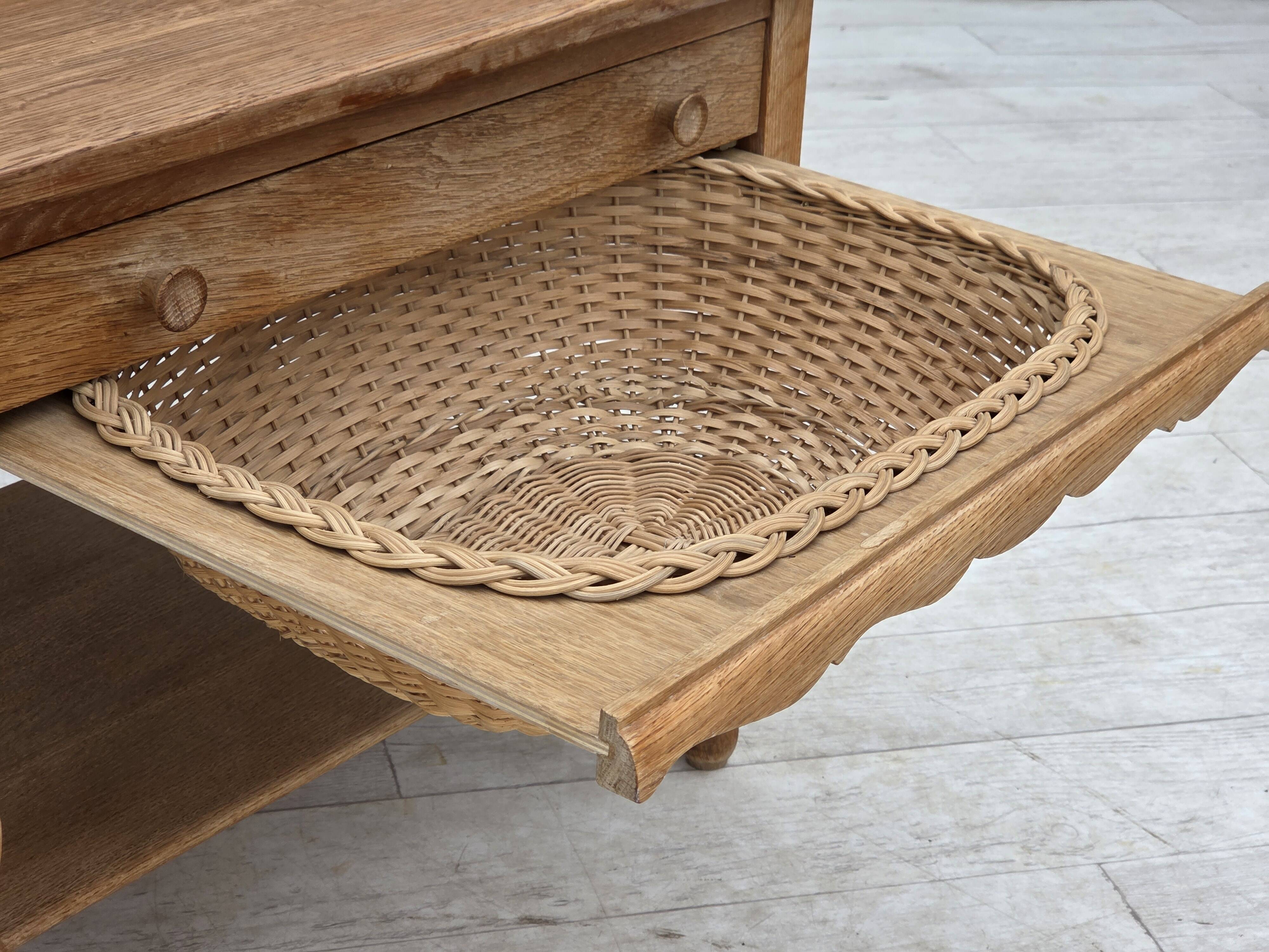 1970s, Scandinavian side table with drawers, solid oak wood, rattan.