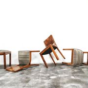 Set of six Art Deco dining chairs in walnut root veneer, 1940s.
