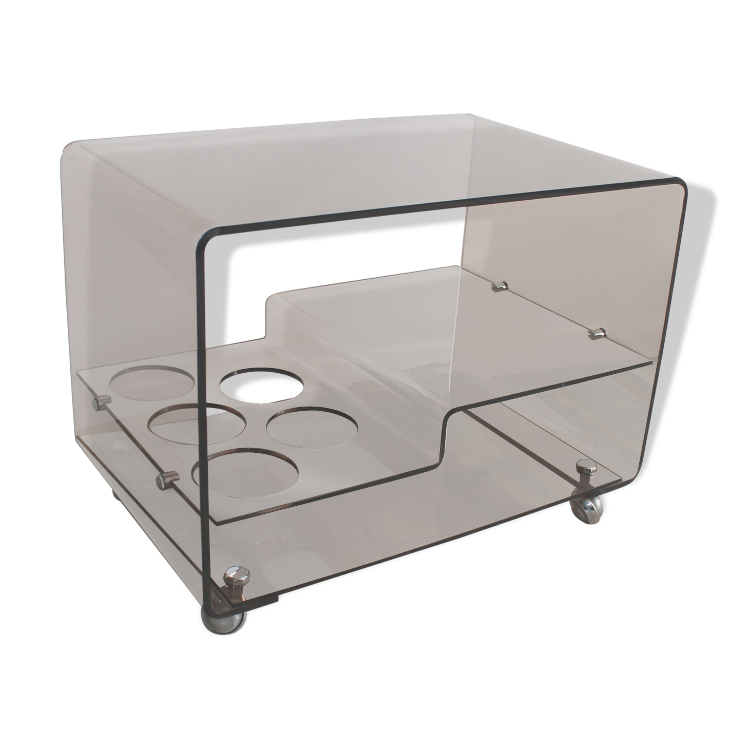 Low table served on wheels by Michel Dumas in vintage 1970 smoky Plexiglas