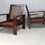 Pair of large armchairs. Wood and cane. Circa 1960