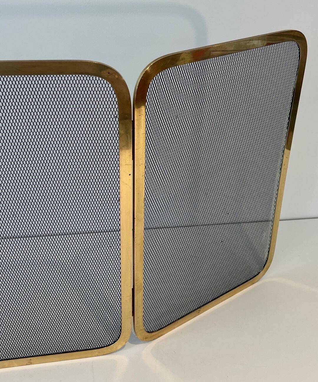 Three-Panel Folding Fire Screen in Polished Brass and Steel Mesh