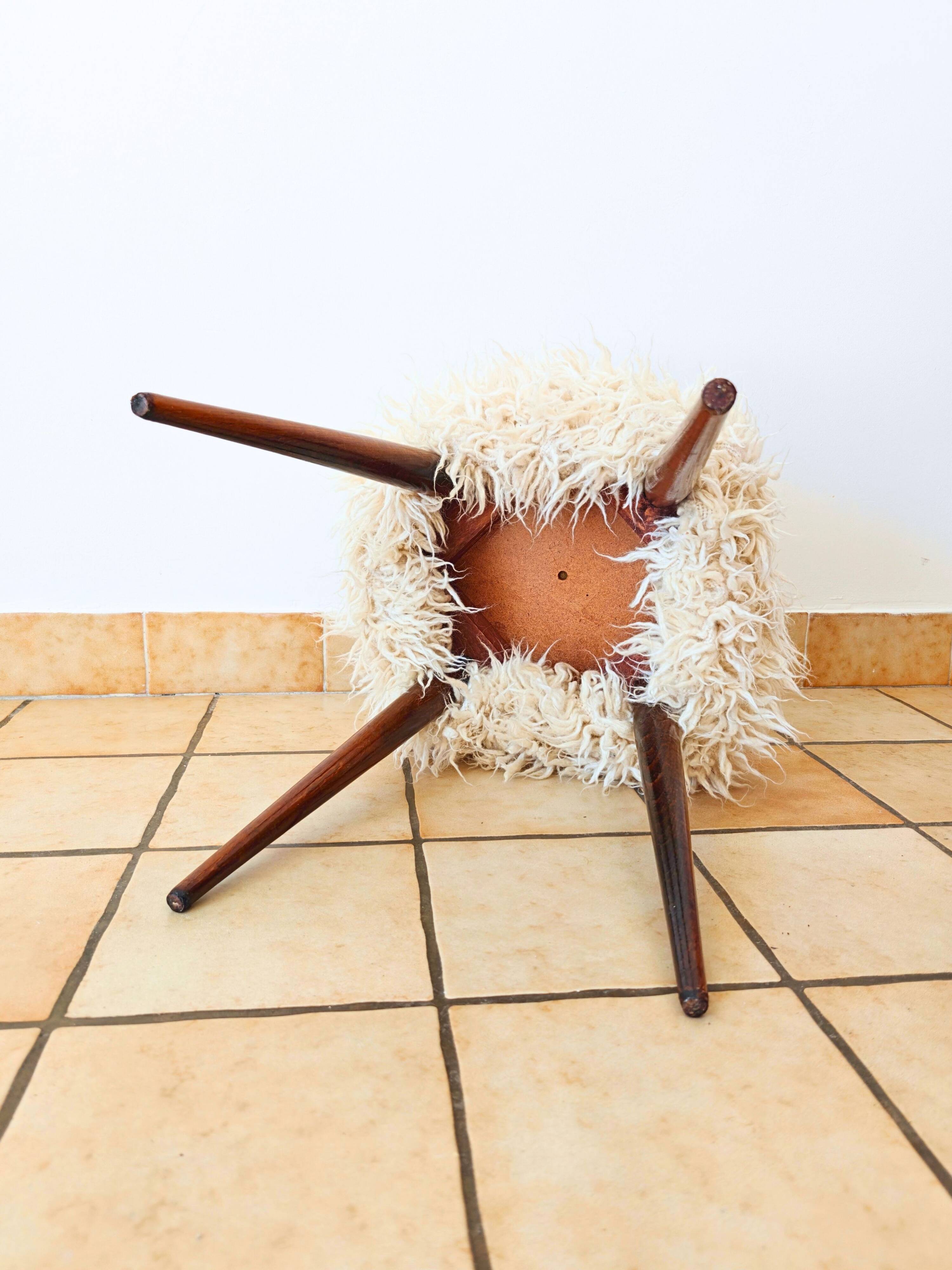 Mid-Century stool with splayed legs in genuine wool