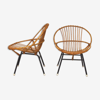 Paire de fauteuils en rotin et métal 1960