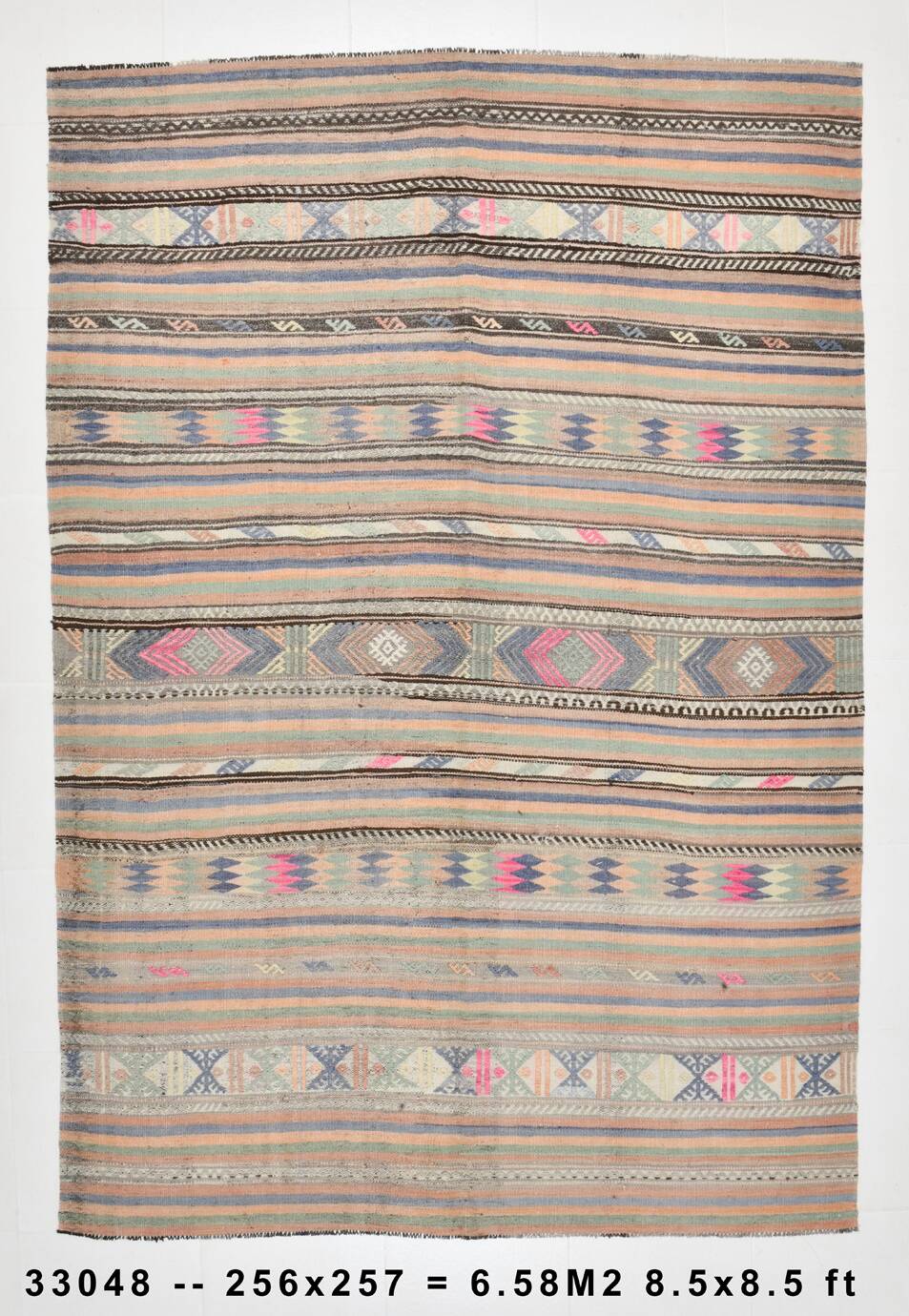 6x8 Green & Blue Striped Handmade Kilim Rug, 174x256Cm
