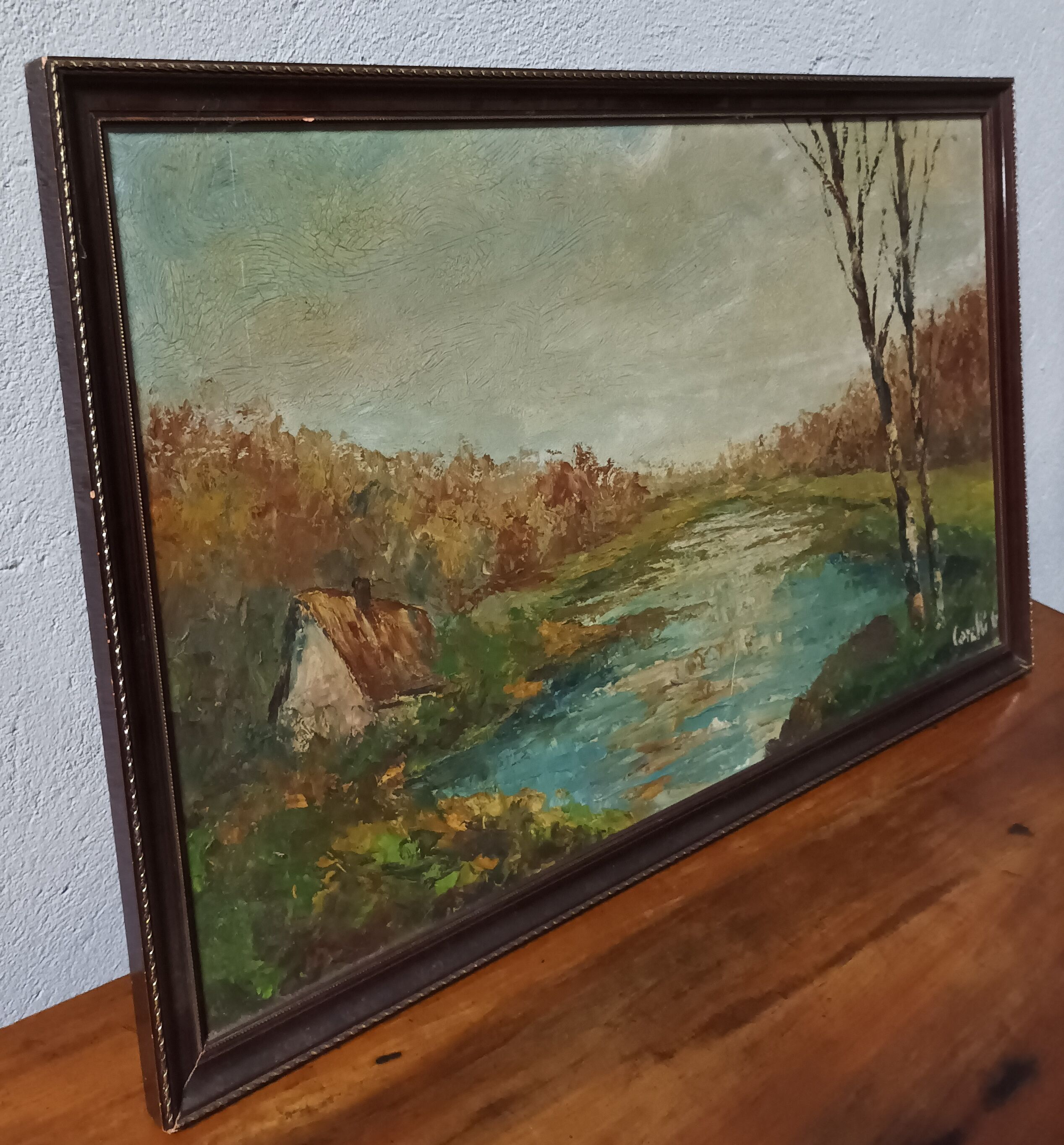Autumn landscape house on the edge of a pond Oil on panel signed Corelli