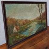 Paysage d'automne maison au bord d'un étang Huile sur panneau signée Corelli