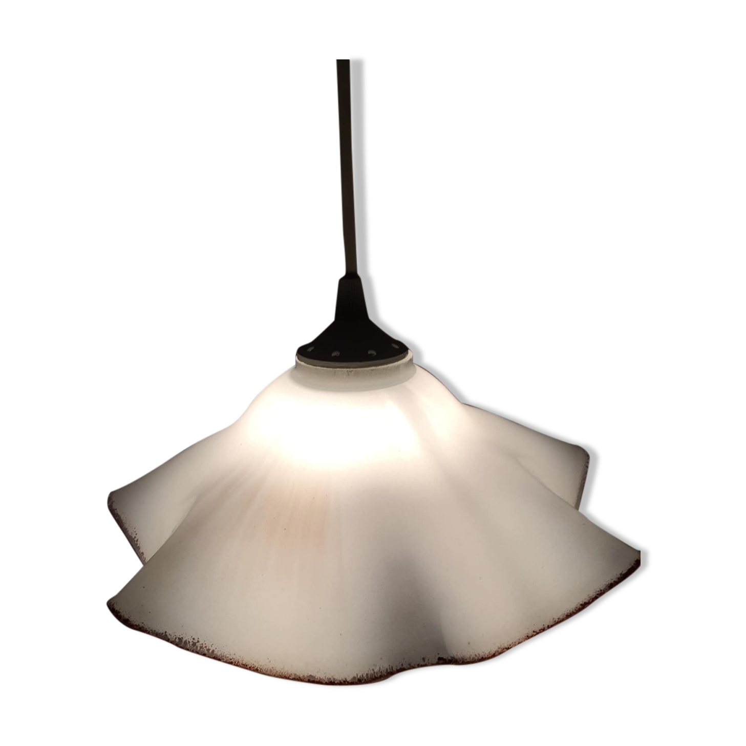 Retro pendant lamp with handkerchief in white opaline and brown border
