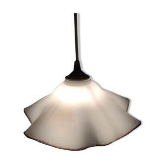 Retro pendant lamp with handkerchief in white opaline and brown border