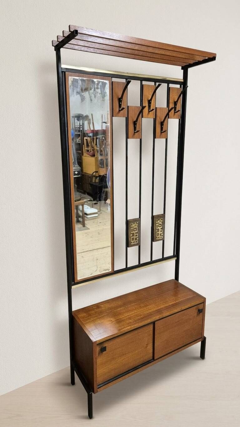 Vintage mid-century modern hallway coat rack with mirror by Alfred Hendrick