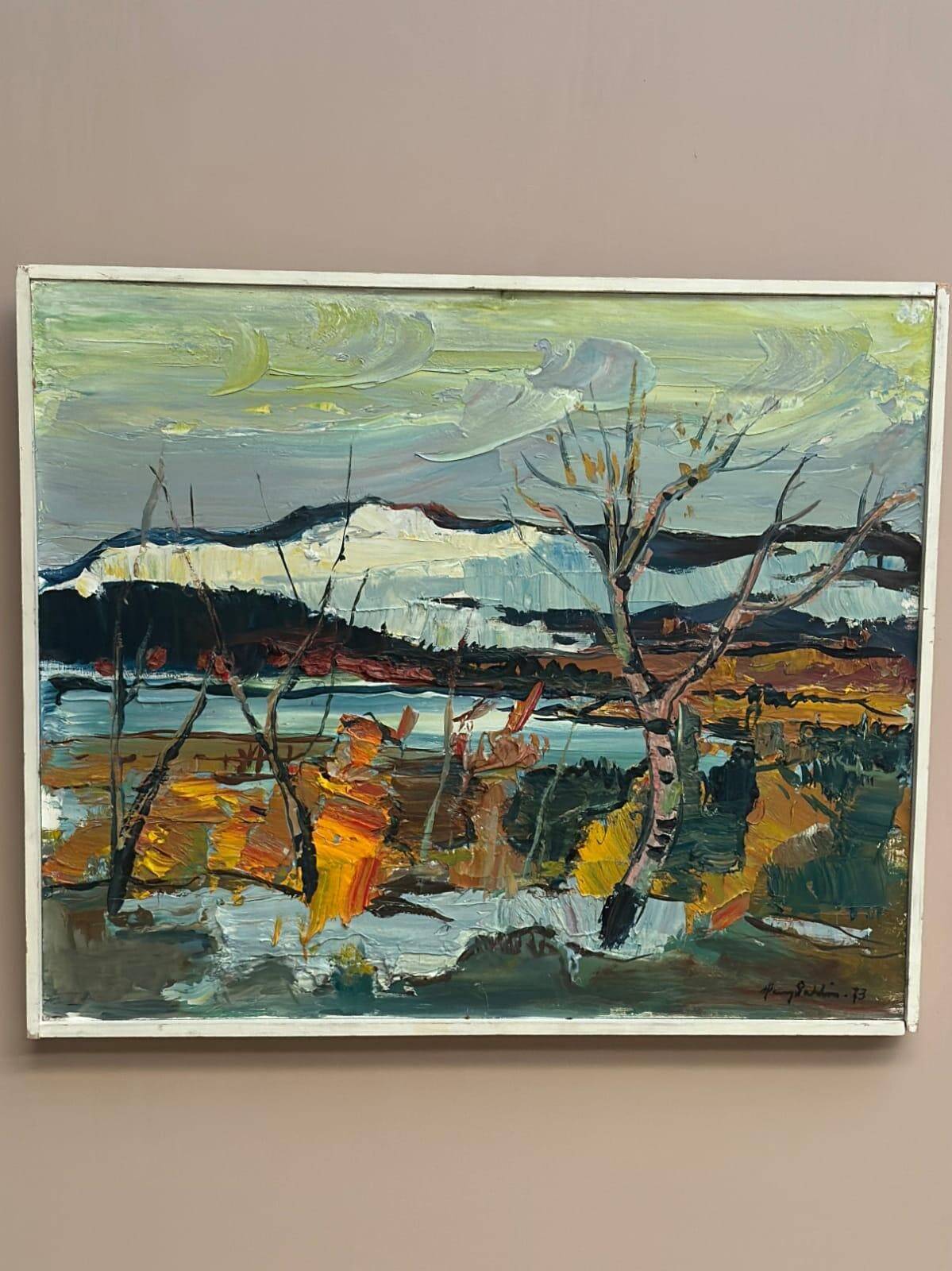 Original Swedish Oil on Panel – “Autumn Shore” by Harry Sahlin – Dated 1973