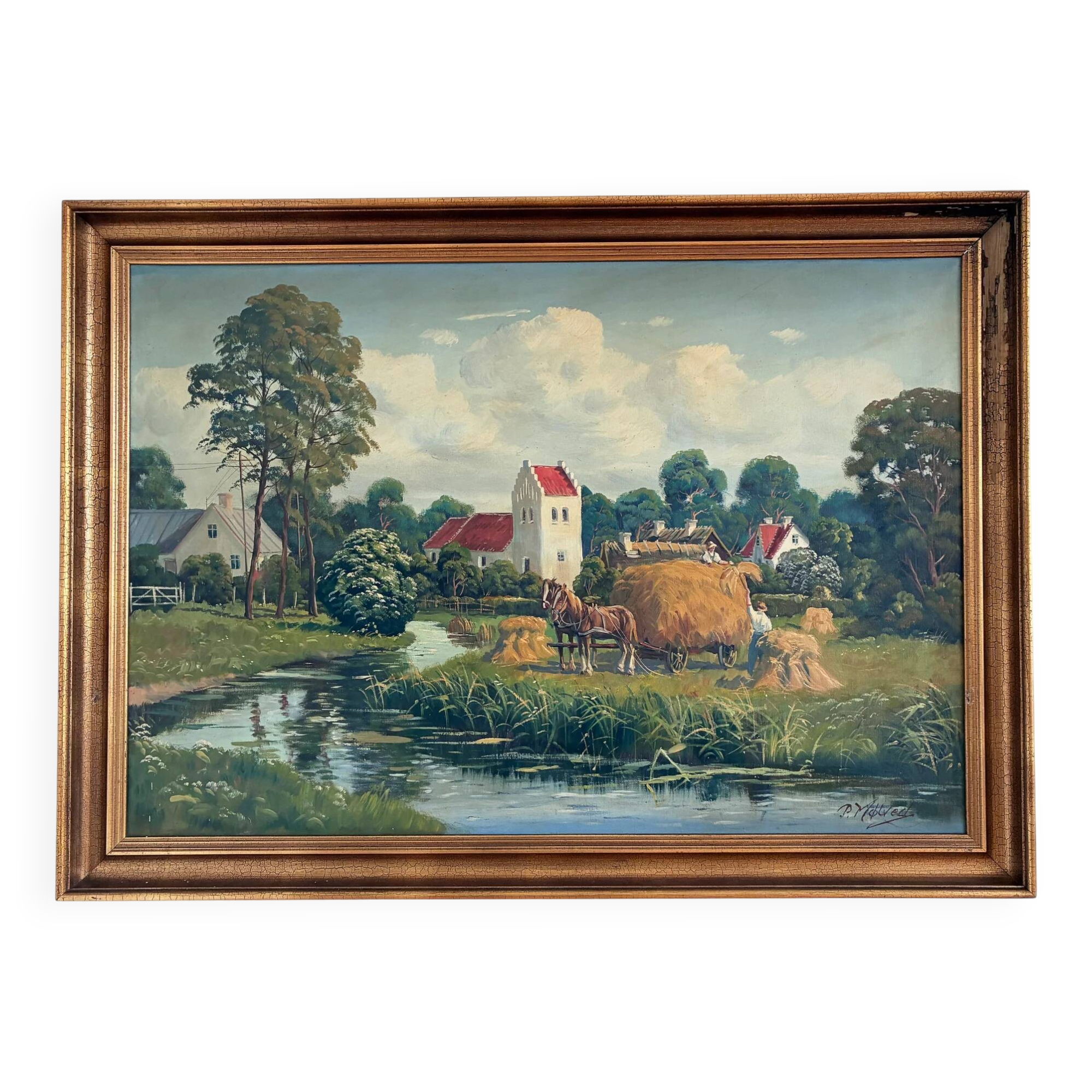 Vintage original large landscape oil painting, signed countryside art