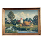 Peinture à l'huile vintage originale de grand format, signée, art de campagne.