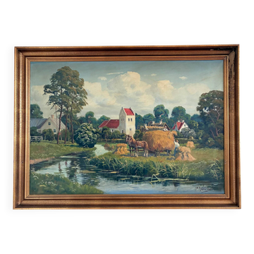 Peinture à l'huile vintage originale de grand format, signée, art de campagne.