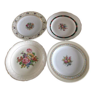 4 mismatched flat plates with floral patterns. Porcelain. Stamped