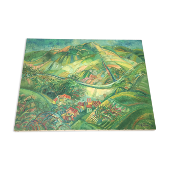 Tableau paysage verdoyant et viticole de Cerdon