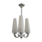 French Mid-Century 3-Light Silver Metal Chandelier with Glass Cone Shades