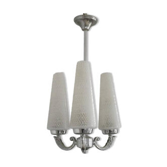 French Mid-Century 3-Light Silver Metal Chandelier with Glass Cone Shades