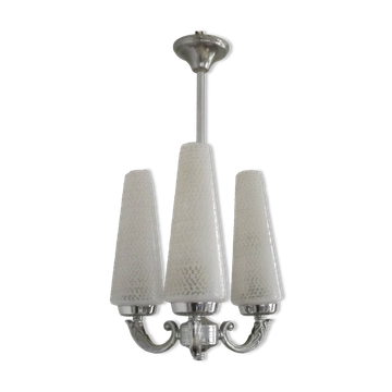 French Mid-Century 3-Light Silver Metal Chandelier with Glass Cone Shades