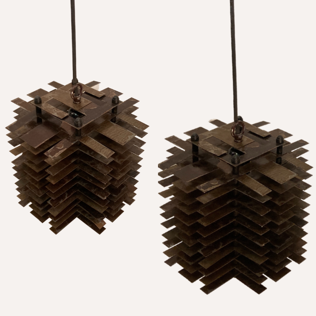 Pair modernist brutalist copper metal architectural hanging lamps, France
