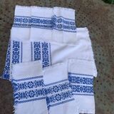 Rectangular tea tablecloth and 6 napkins, made in France, Basque linen, white and blue, Vintage