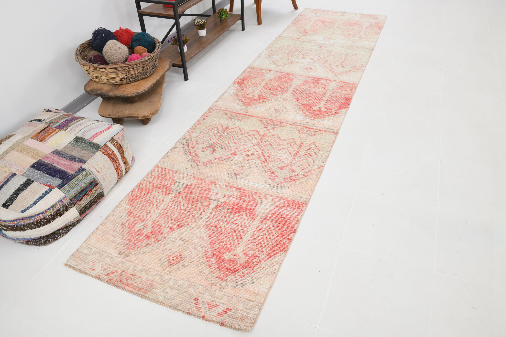 3x12 Red Beige Turkish Vintage Runner Rug,92x371Cm
