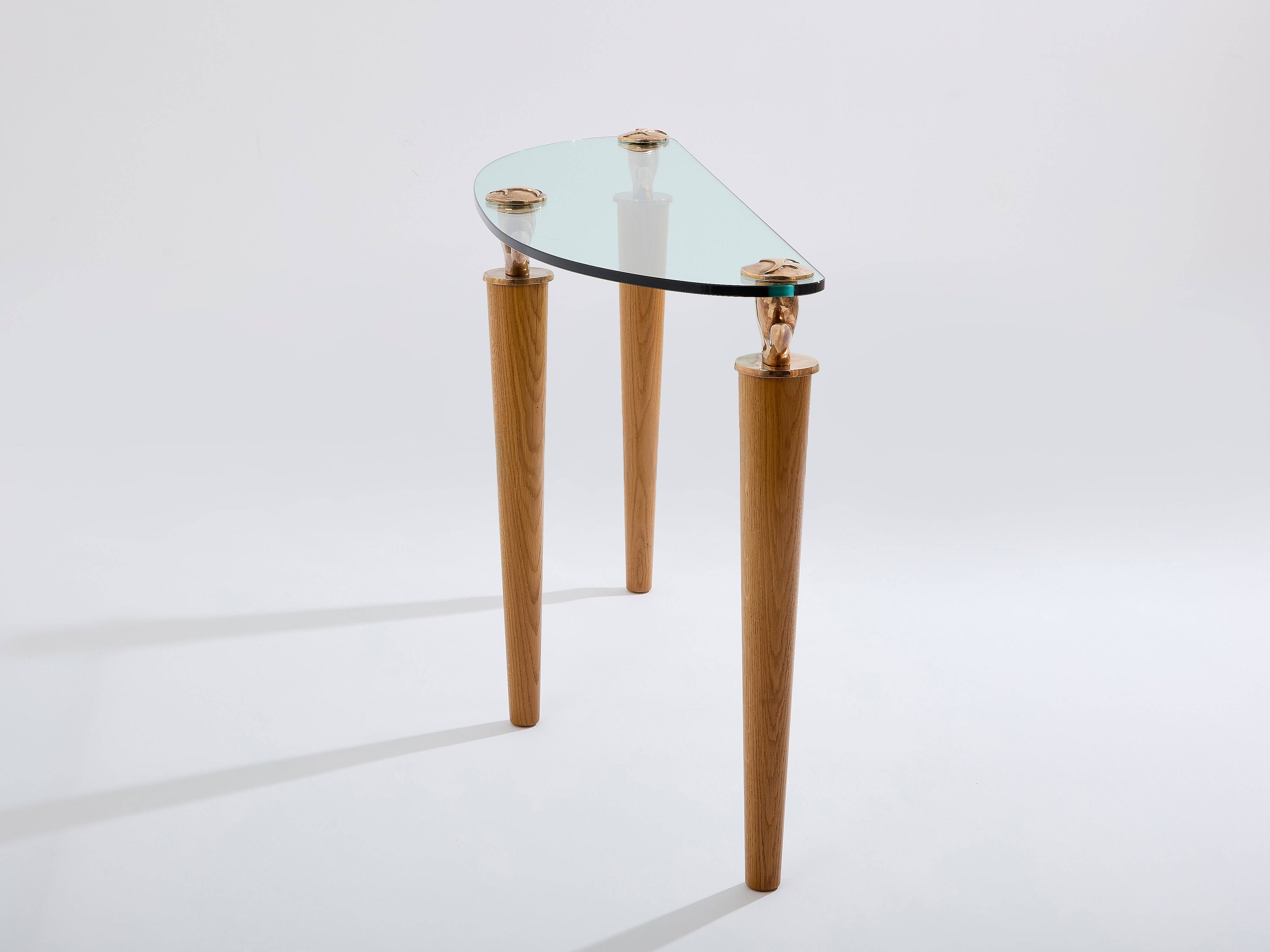 Console chêne massif et bronze verre signée Garouste & Bonetti 1995