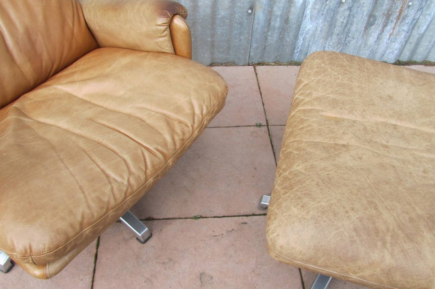 Mid-century vintage high back leather Swivel Armchair with Ottoman, 1970s